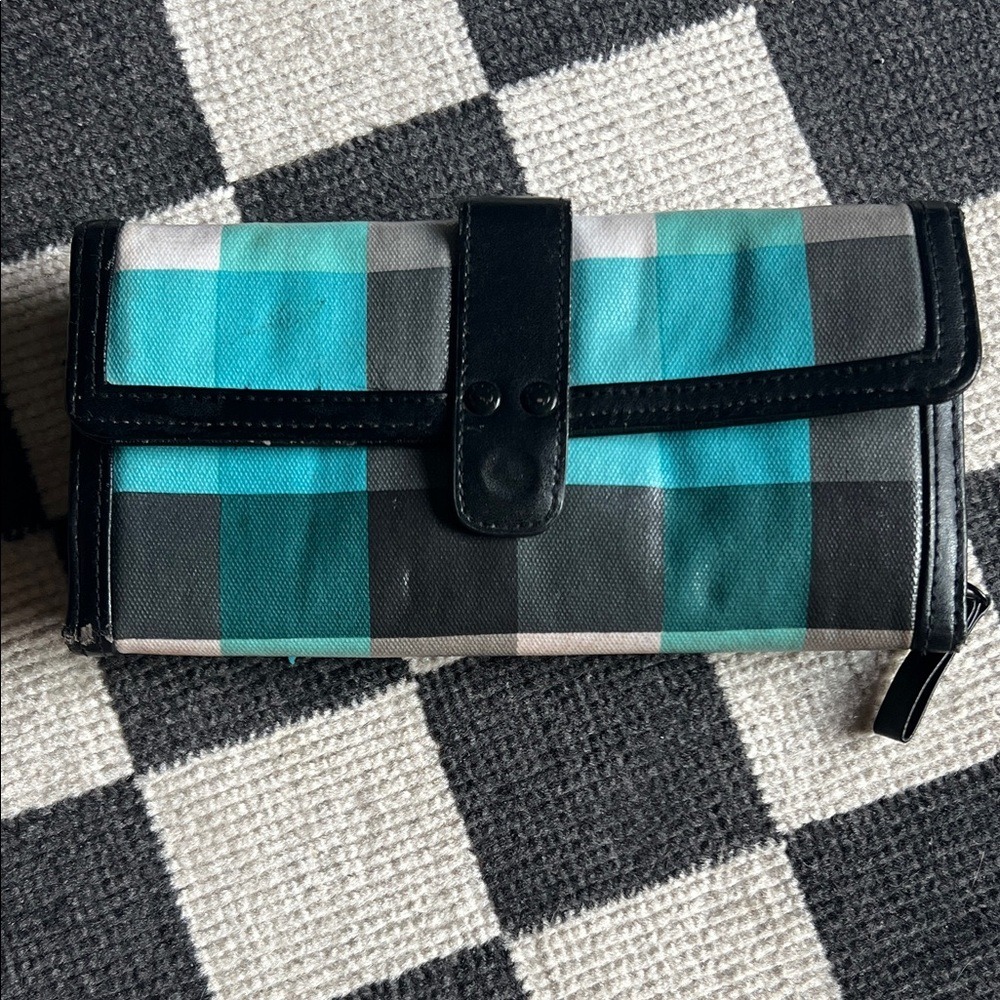 Plaid Wallet Clutch Organizer Zip Around Checkbook Holder Black Teal‎ Gray